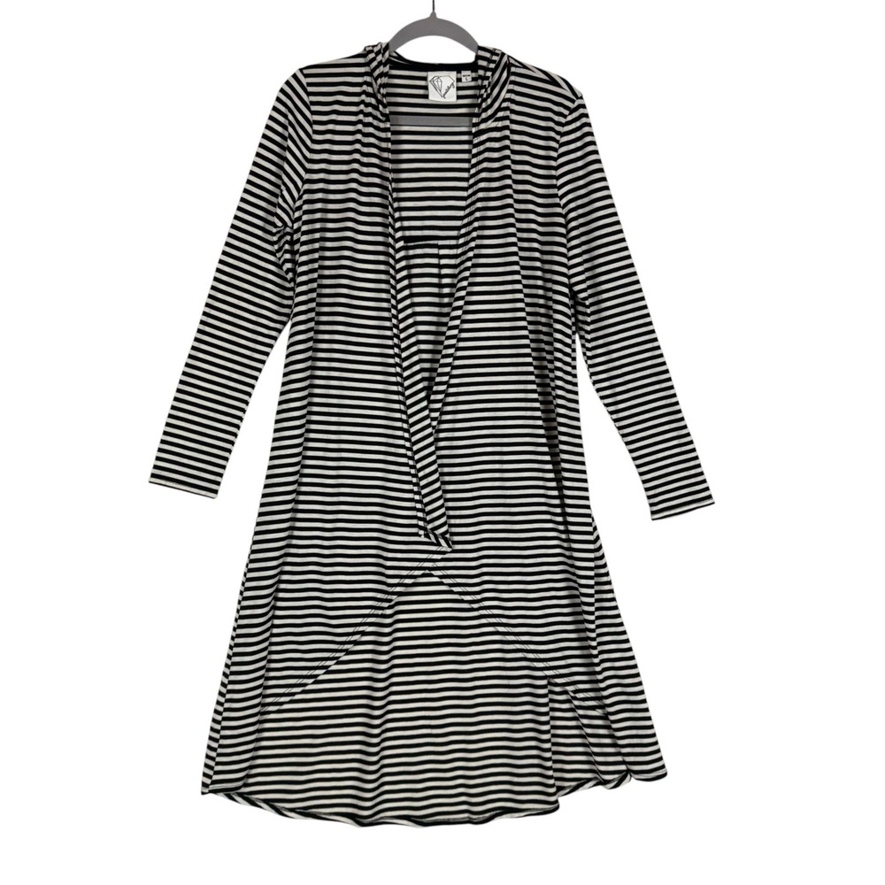 Janet Chung Cardigan Sweater Womens L Black White Stripe Hooded Lightweight Open